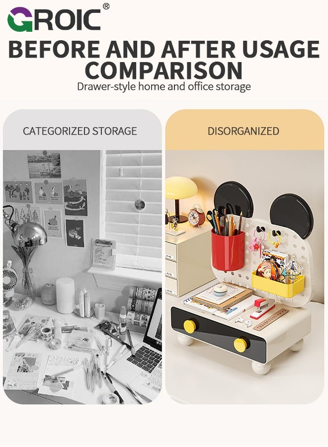 GROIC Desk Organizer, Mickey Mouse Style Storage Box, Multi-Functional Hole Plate Storage with Drawer and hook, Desktop Organization for Office Supplies, Pencils, Markers, Tape, Erasers, Paperclips, Chargers - Image 2